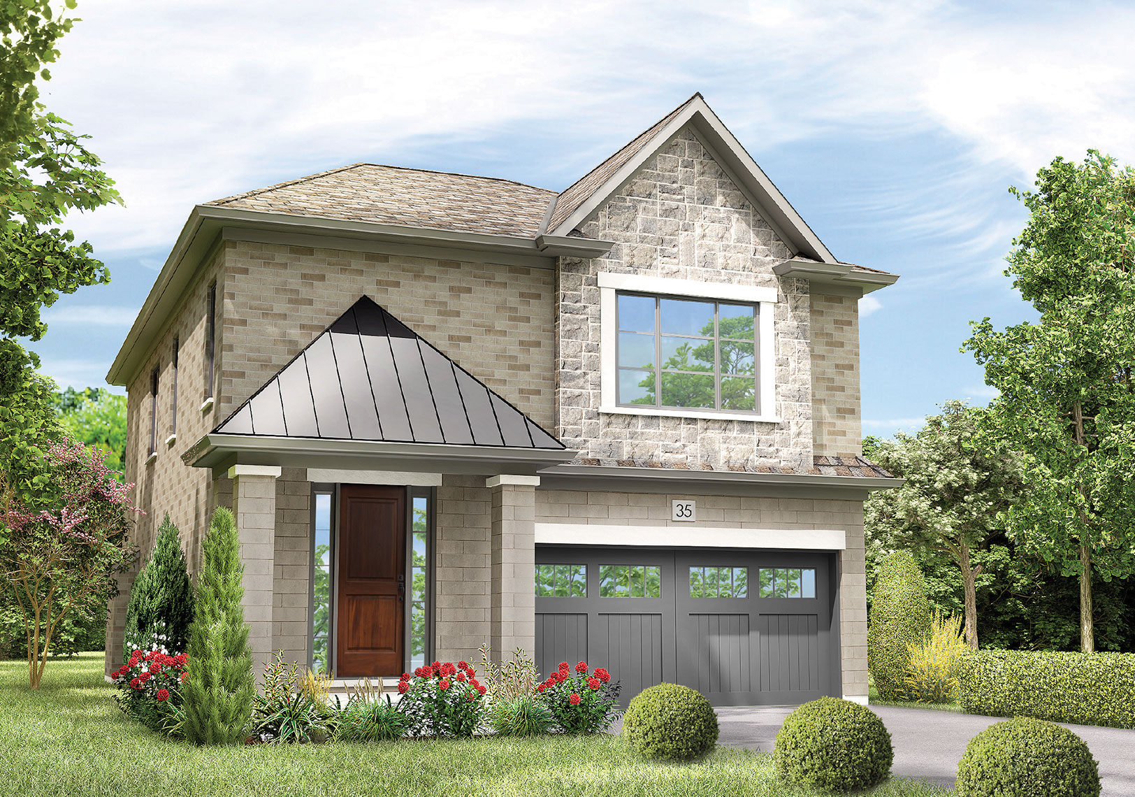 Exterior rendering of The Auburn from the 36' Classic Collection, featuring white and tan brick with a dark grey garage.