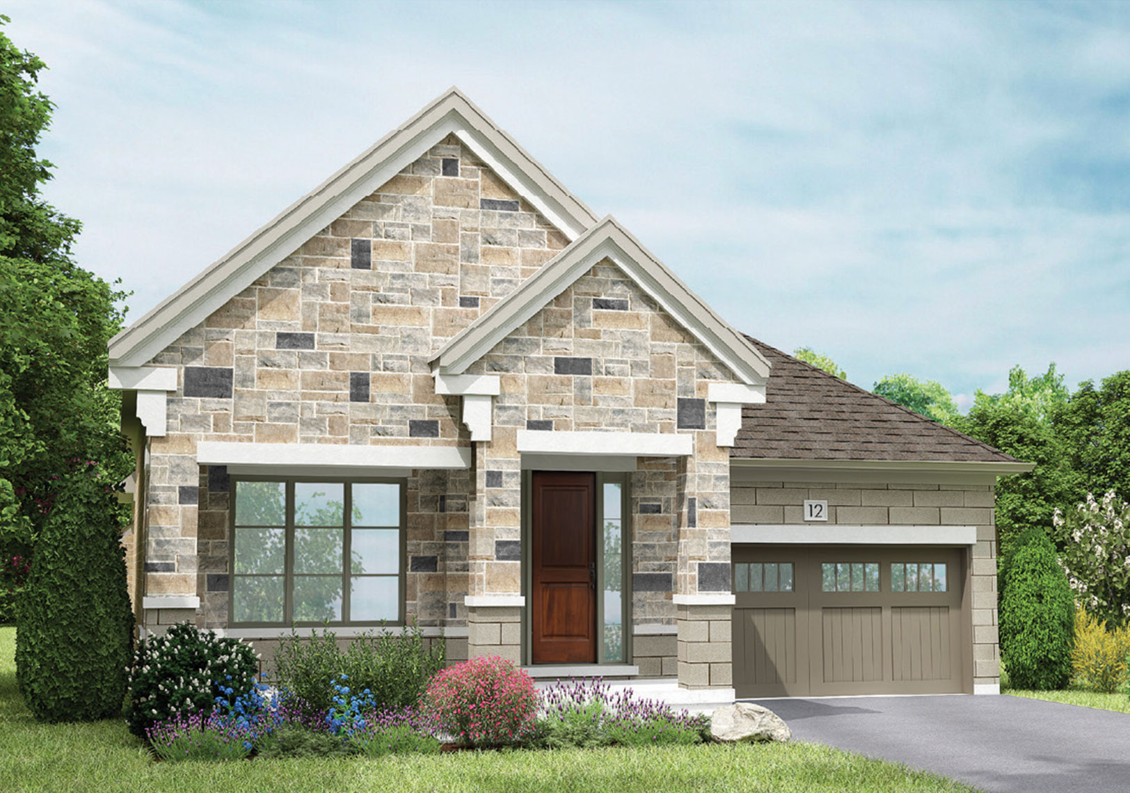 Exterior rendering of The Cambray from the 46' Classic Collection, featuring a mix of grey and beige brick with a beige garage.