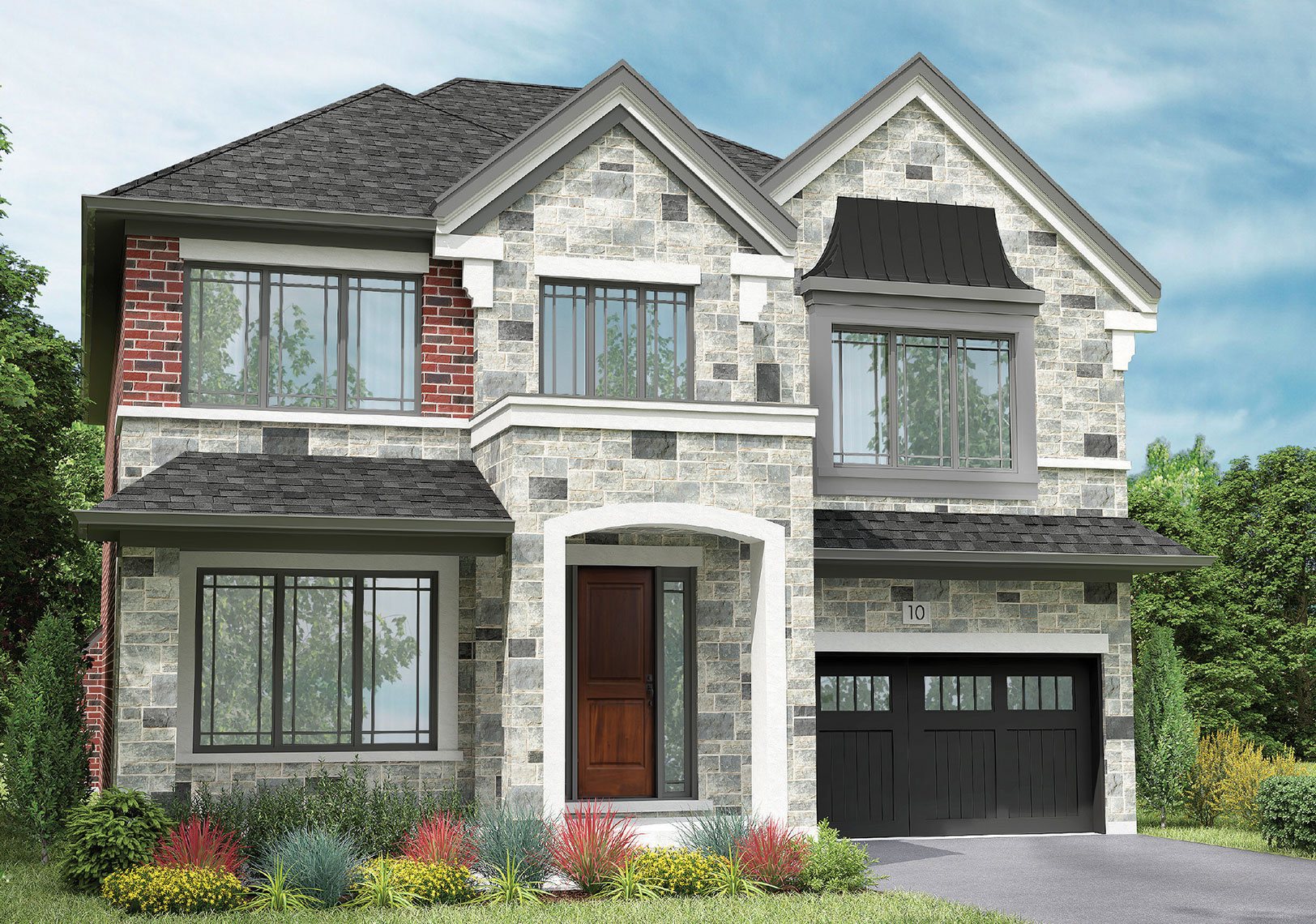 Exterior rendering of The Cambray Loft from the 46' Classic Collection, featuring white, grey, and red brick, large windows, and a dark grey garage.