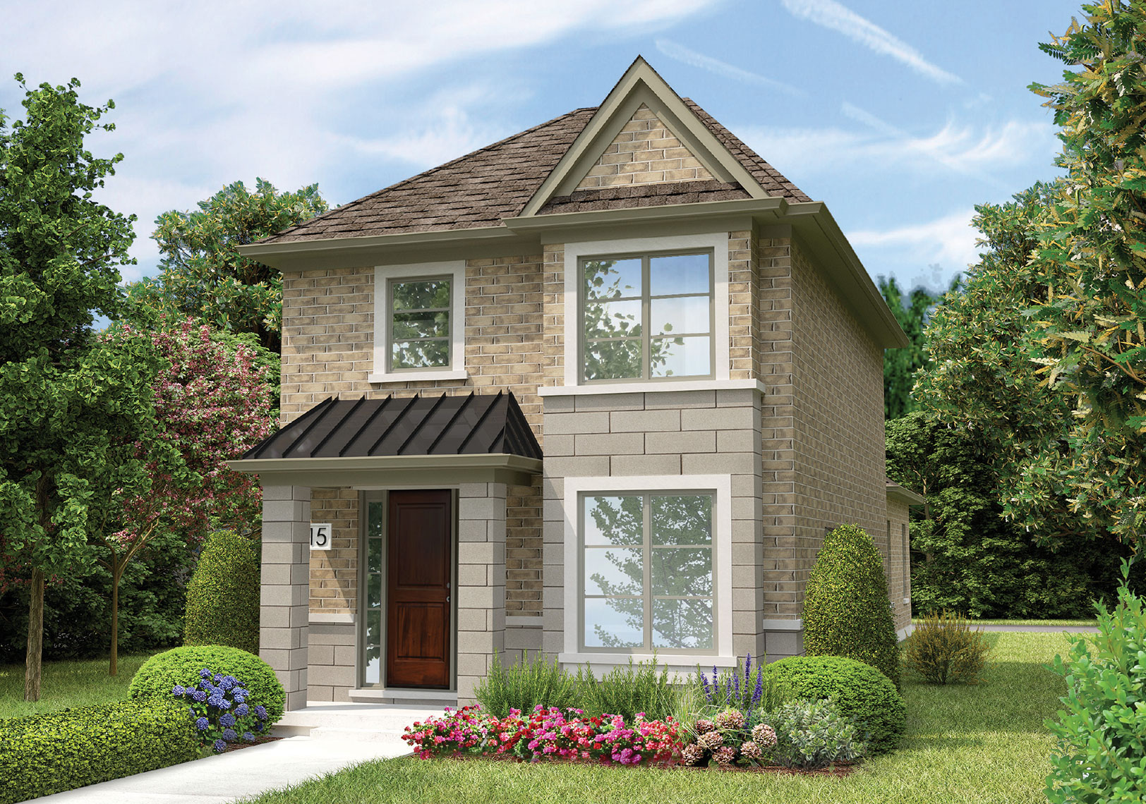 Exterior rendering of The Cedarwood from the 27' Courtyard Collection, featuring elegant tan brick.