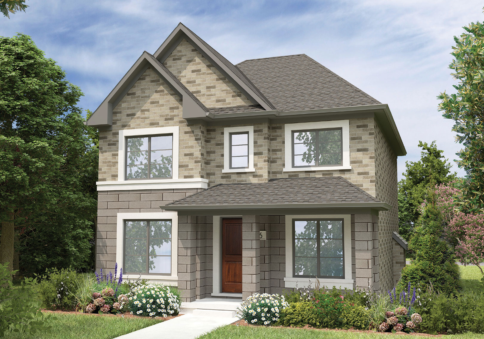 Exterior rendering of The Cottonwood from the 27' Courtyard Collection, featuring a combination of grey and tan bricks.