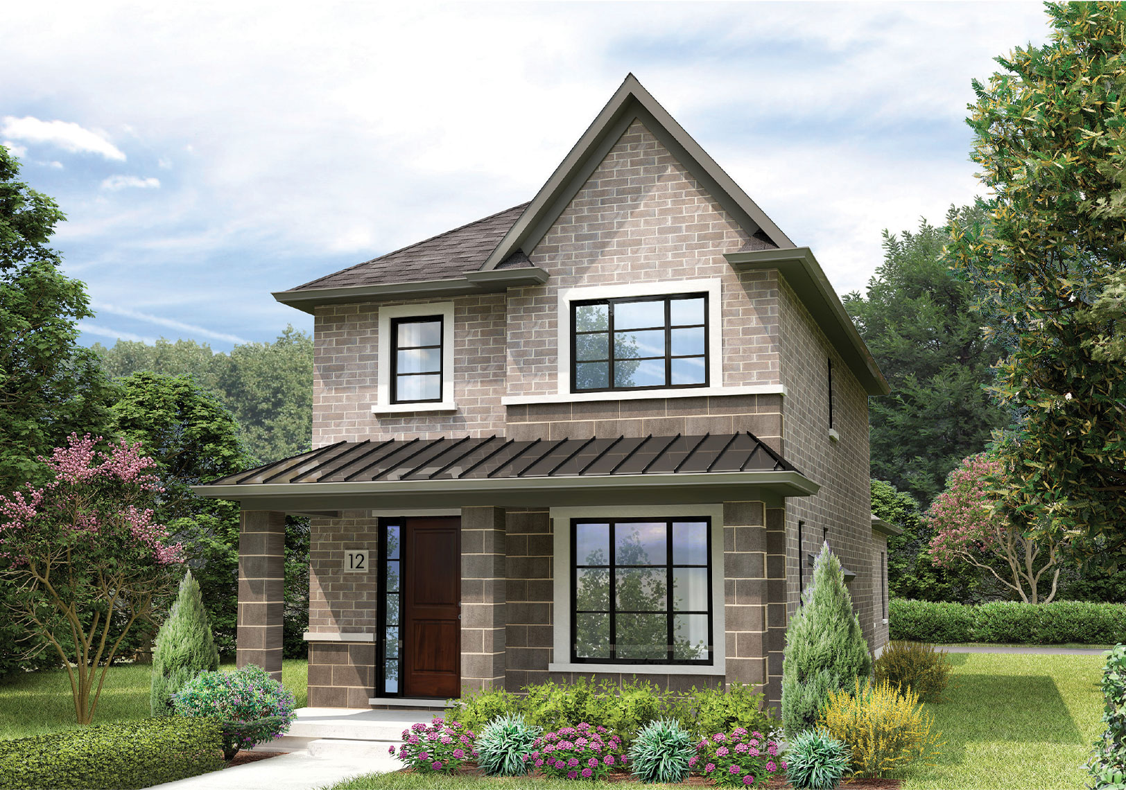 Exterior rendering of The Foxwood from the 27' Courtyard Collection, featuring a combination of grey and tan bricks.