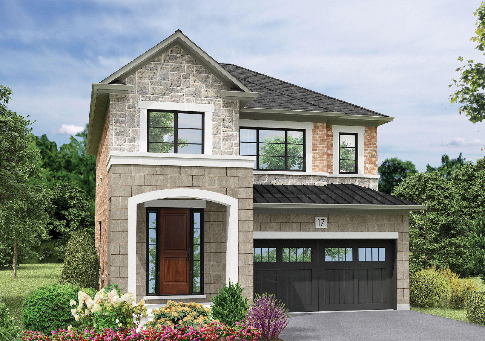 Exterior rendering of The Glenway from the 36' Classic Collection, featuring white and tan brick with a dark grey garage.