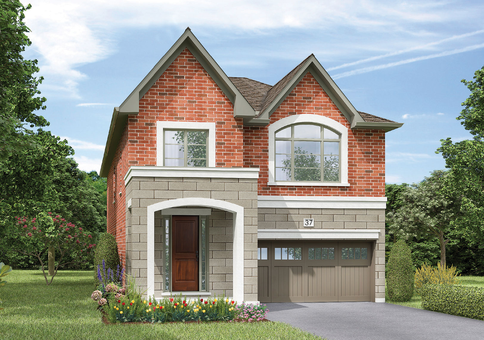 Exterior rendering of The Hartley from the 36' Classic Collection, featuring red brick and a beige garage.