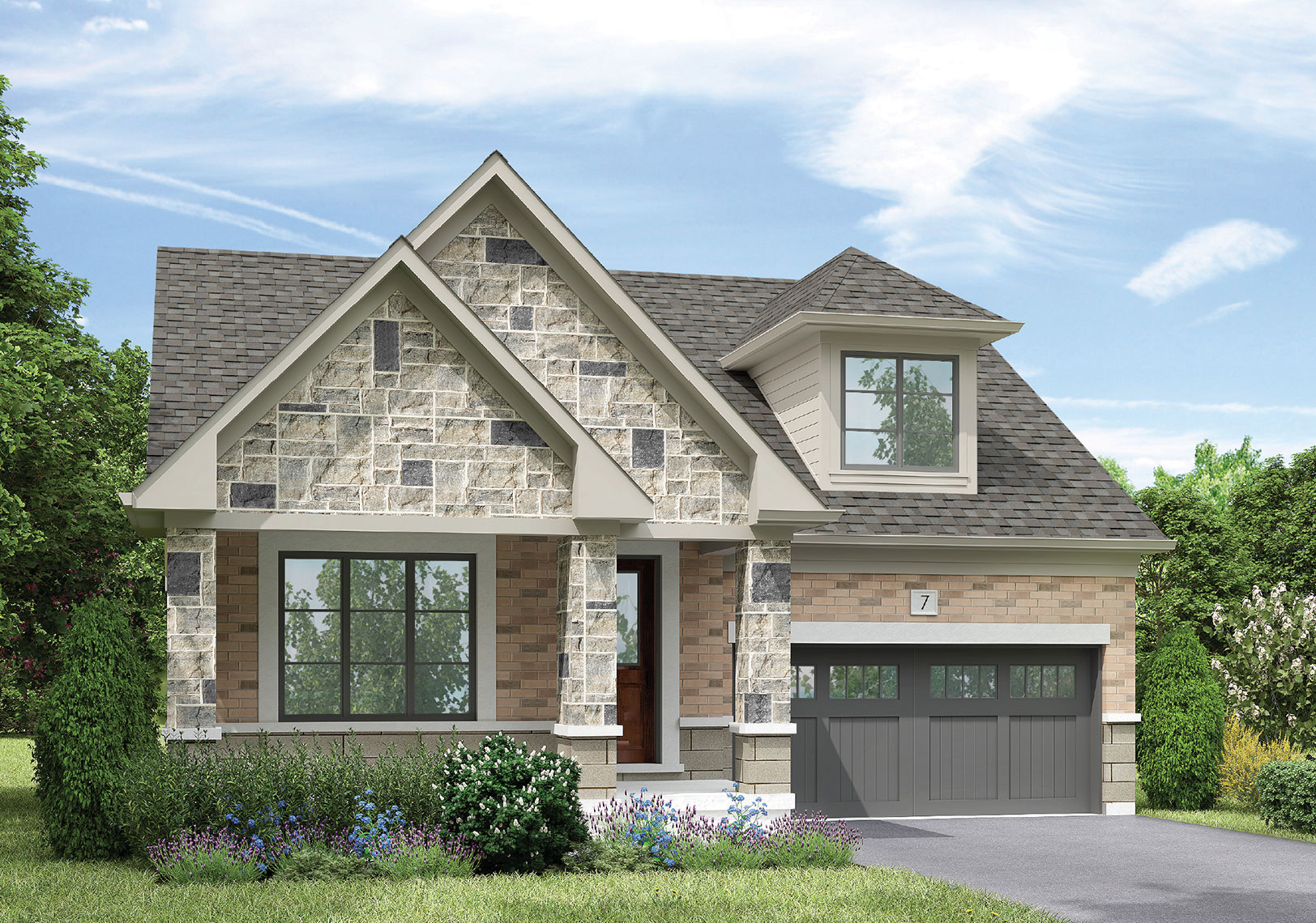 Exterior rendering of The Rosedale from the 46' Classic Collection, featuring grey and beige brick with a dark grey garage.
